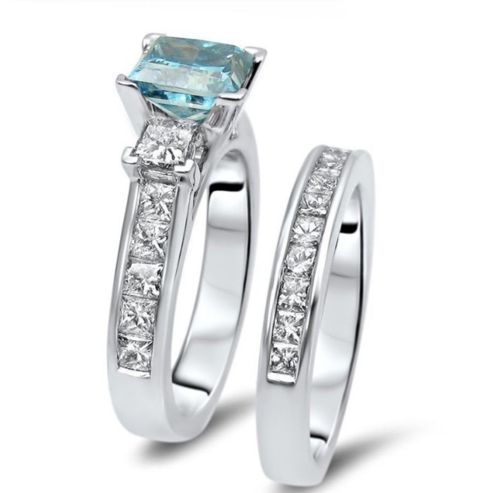 18K WHITE GOLD 2 1/2ct TDW Blue Princess-cut Diamond Bridal Set vermeil - Picture 7 of 10